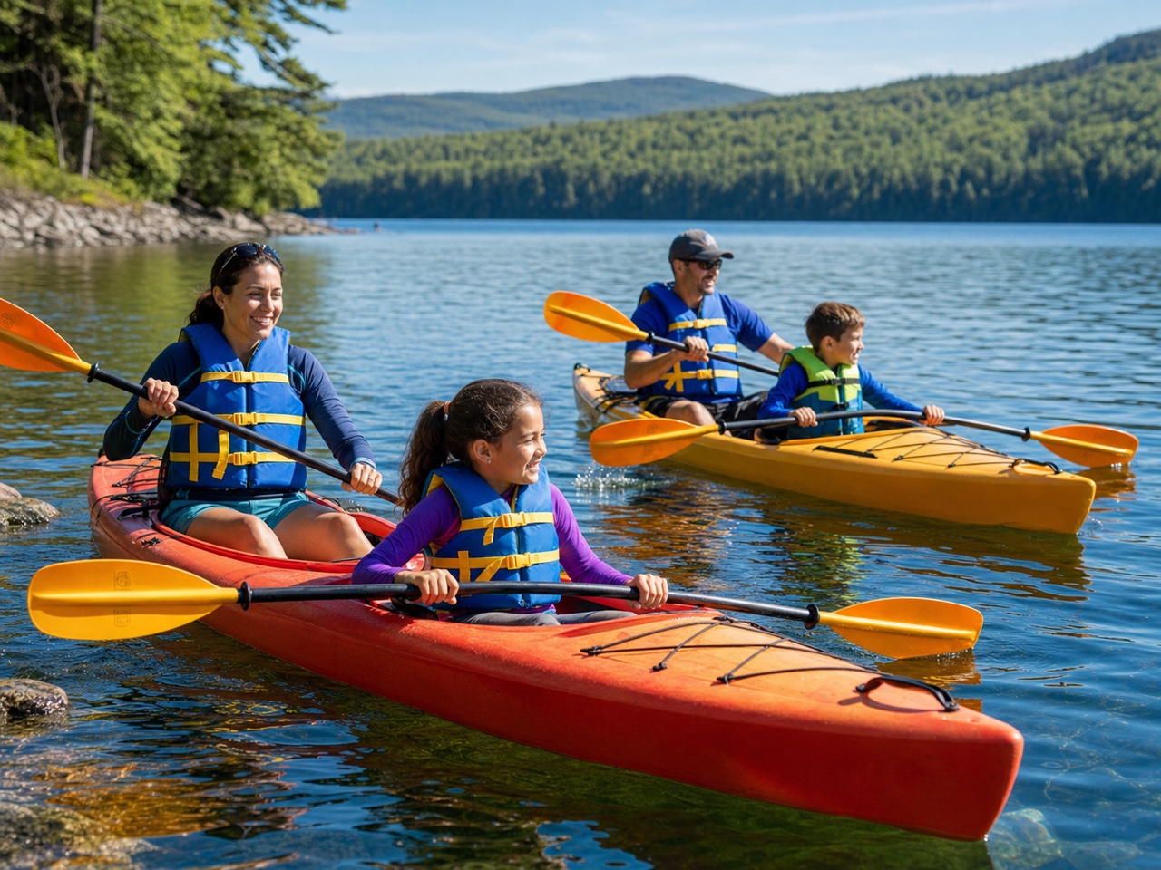 A family wearing life jackets while kayaking together on calm water