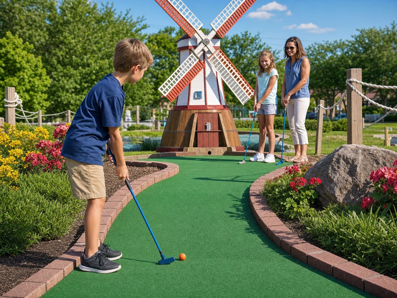A family playing together on a colorful mini-golf course