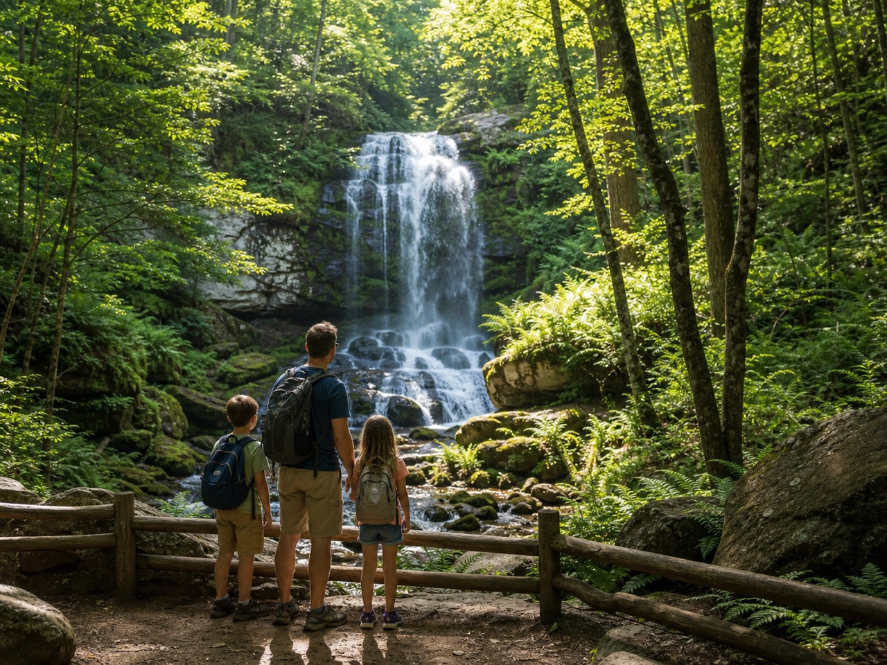 A bright forest trail for a family nature walk
