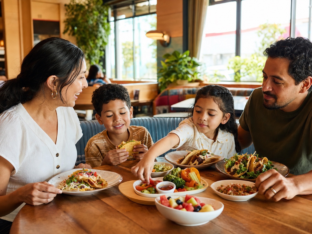 Two parents and their children sharing a relaxed meal together